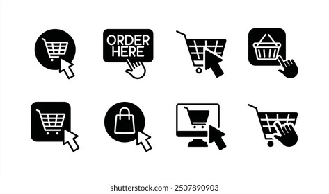 Haga su pedido ahora, compre, compre y reserve un conjunto de iconos planos de Botón. Conteniendo tienda en línea, orden del Hacer clic aquí, bolso o Carrito de compras, cesta. Ilustración vectorial