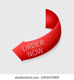 Order Now red ribbon, tag, label, sticker. Ribbon sale badge, banner, price tag. Vector illustration.