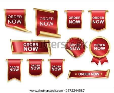 Order now red ribbons isolated on white background, online shopping web banners 