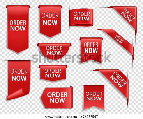 Order now red ribbons, online shopping web banners.\
Order now icons of corner bookmarks, tags, flags and curved ribbons\
of red silk