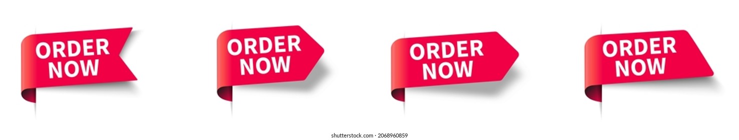  Order now red vector banner set, web design elements. Ribbon or labels. Promotional event shopping flags, tags and new order badges. Vector illustration