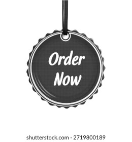 Order now round tag in halftone style. Black and white retro hanging label with call to action text. Marketing badge for online shop, promotion or retail concept isolated on white background.
