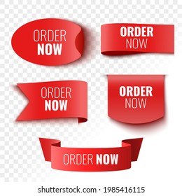 Order now sale banners. Red ribbons, tags and stickers. Vector illustration.