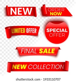 Order now, special offer, new collection and final sale banners. Red ribbons, tags and stickers. Vector illustration.