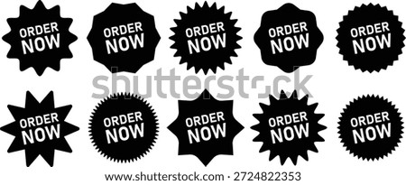 Order Now starburst badge collection in bold black style. High impact call to action labels for ecommerce promotions. Perfect for web banners, ads, and sales layouts.