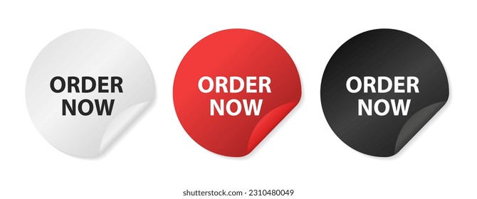 Order now stickers. Round sticker with offer message. Order now sign. Circle sticker mockup banner. Order now badge shape. Adhesive offer paper banner. Vector illustration