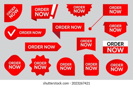 Order Now. Tags, Banner, Button sticker ribbon icon badge label set. Vector illustration. Red color.