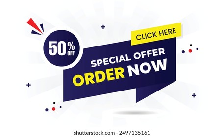 Order now with this special offer banner template featuring 50% off, white background, dark and light blue gradient, and yellow shapes for eye catching vector art click, now, order, icon, button, buy