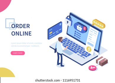 Order online concept with character. Can use for web banner, infographics, hero images. Flat isometric vector illustration isolated on white background.