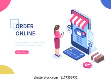 Order online concept with character. Can use for web banner, infographics, hero images. Flat isometric vector illustration isolated on white background.