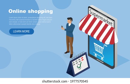 Order online concept with character. Can use for web banner, infographics, hero images. Flat isometric vector illustration isolated on white background