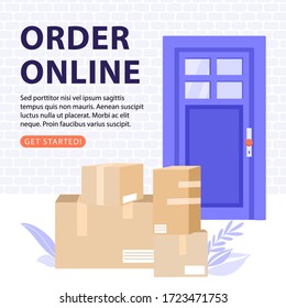 Order online concept. Delivery parcels to door. Vector banner illustration with copy space.