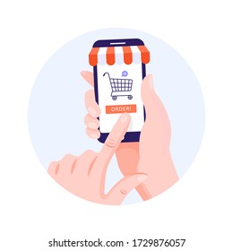 Order online concept. Hand holding smartphone with basket icon, order button and striped sun tent. Mobile App. Vector illustration on white background.