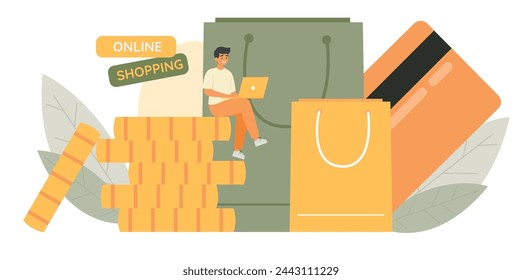 Order online concept. Man making order using laptop. Cashless payments