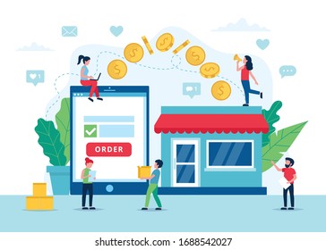 Order online concept, payment process with tablet. Small people characters. Vector illustration in flat style