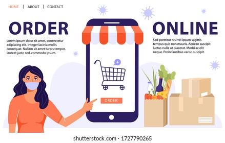 Order online concept. Woman informing people about online shopping used a retail app on a smartphone. Online order during quarantine. Vector web page banner illustration.