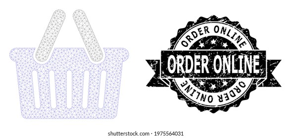 Order Online corroded stamp seal and vector shopping basket mesh model. Black stamp seal includes Order Online tag inside ribbon and rosette. Abstract 2d mesh shopping basket, designed with flat mesh.