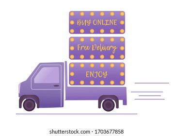 Order online and deliver free concept illustration with track and smartphone as a shop window. Flat vector.