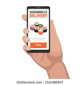 Order online delivery of sushi and rolls. Smartphone in hand with food ordering app open.