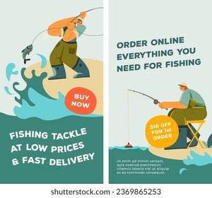 Order online everything you need for fishing, tackle at low prices and fast delivery for clients. Hobby shops and stores discounts. Promotional banner, advertising and branding, vector in flat style