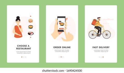 Order online food onboarding mobile app screens, banner template design. Vector flat cartoon illustration