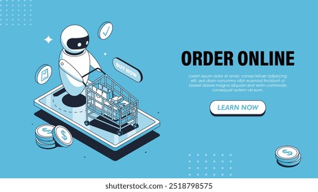 Order online isometric poster. Chatbot with shopping cart with bags. Electronic commerce and shopping, home delivery. Landing webpage design. Linear vector illustration isolated on blue background