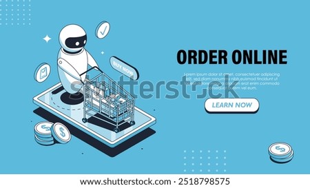 Order online isometric poster. Chatbot with shopping cart with bags. Electronic commerce and shopping, home delivery. Landing webpage design. Linear vector illustration isolated on blue background
