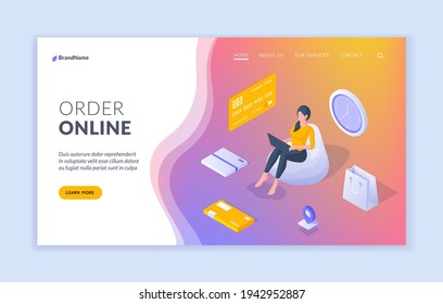 Order online landing page banner template. Vector isometric illustration of modern female using laptop to order goods and paying for purchases online. Isometric web banner, landing page template