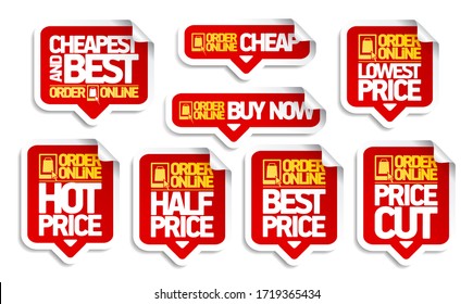 Order online price tags stickers set - cheapest and best, buy now, price cut and best price, etc.