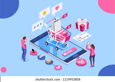 Order online, shopping concept. Customer character with gift. Mobile pay with credit card. Can use for web banner, infographics, hero images. Flat isometric illustration isolated on white background.