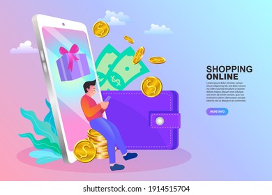 Order online, shopping concept. Customer character. gifts ordering and delivery service.  Flat Cartoon Vector Illustration.