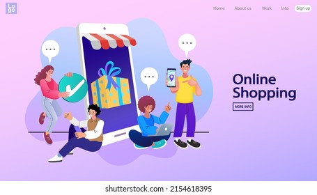 Order online, shopping concept. Customer character. gifts ordering and delivery service. App on mobile phone. Smartphone marketing and e-commerce. Flat Cartoon Vector Illustration.