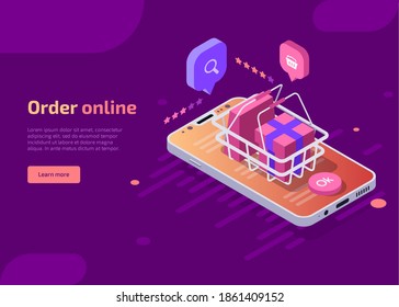 Order online shopping concept. Isometric vector of ecommerce store with shopping basket with handles, gift box and package on mobile phone screen. App by smartphone, landing page template, web banner.