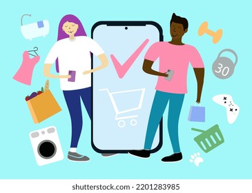 Order online, shopping concept. A man and a woman make purchases on the phone. Mobile payment by credit card. Can be used for web banner, infographics, hero images.