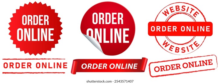 Order online shopping website e-commerce service shop market modern buy sell booking stamp red badge sticker seal banner watermark sale icons set design collection