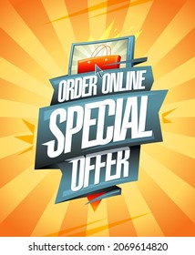 Order online special offer vector poster template with smartphone and shopping cart on rays backdrop
