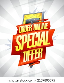 Order online special offer vector web banner or poster design with tablet, shopping cart and golden lettering