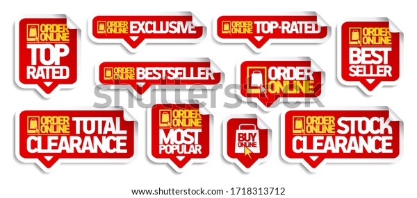 Order online stickers set -\
top rated, exclusive, best seller, stock and total clearance, most\
popular