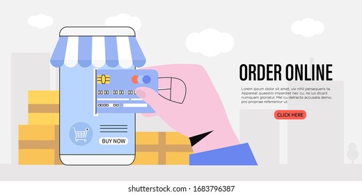 Order online in a store or shop banner, flyer or landing page. Hand holding credit card and buying goods or settle internet payments. Concept of e-commerce, online ordering service or application.