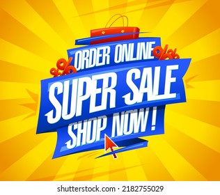 Order online, super sale, shop now, vector poster or banner design with shopping tote bag and blue ribbons against yellow rays backdrop