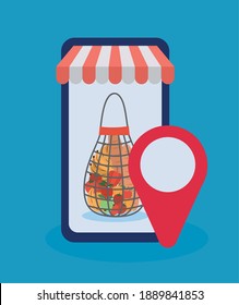 pedido en línea a través de un teléfono celular una malla de malla llena de productos de mercado diseño de ilustración vectorial