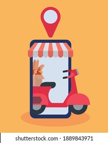 order online through a cell phone one delivery mortorbike with one box full of market products vector illustration design