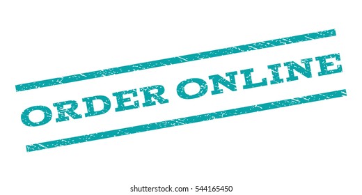 Order Online watermark stamp. Text tag between parallel lines with grunge design style. Rubber seal stamp with dust texture. Vector cyan color ink imprint on a white background.
