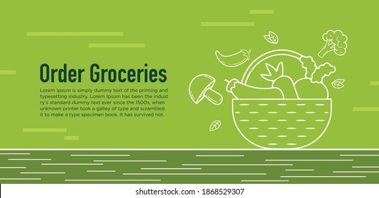 Order Organic Grocery Web Banner Design For Online Store, Market, Shopping, Home Delivery Concept. Line Vector Illustration.