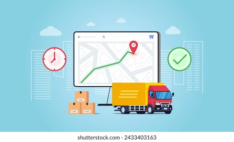 Paquete de pedido en comercio electrónico. Paquete de entrega en camión. Seguimiento de mensajero por aplicación web de mapa. Ilustración vectorial con fondo azul