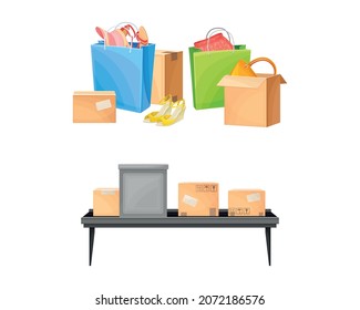Order Packaging in Cardboard Box for Shipment and Conveyor Belt Vector Set