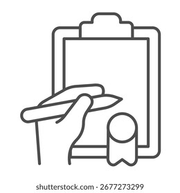 Ordene papel con el sello y el icono delgado de la línea de la mano, concepto de la fuerza policial. Gráficos de Vector. Mano con la pluma y el documento, señal en el fondo blanco, icono del estilo del contorno para el móvil o el Diseño web