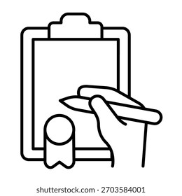 Ordene papel con el sello y el icono delgado de la línea de la mano, concepto de la fuerza policial. Gráficos de Vector. Mano con la pluma y el documento, señal en el fondo blanco, icono del estilo del contorno para el móvil o el Diseño web
