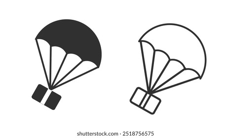 Order parcel box delivery line stroke sign or gift present drop shipping icon via parachute vector simple solid glyph pictogram graphic set, postal mail carton product package symbol airdrop image