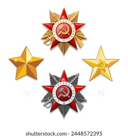 Order of the Patriotic War, 1st and 2nd degrees. Red, gold, silver stars. Medal Gold Star Hero, Hero of Socialist Labor "Hammer and Sickle" USSR, inscription in English and Russian.Vector illustration